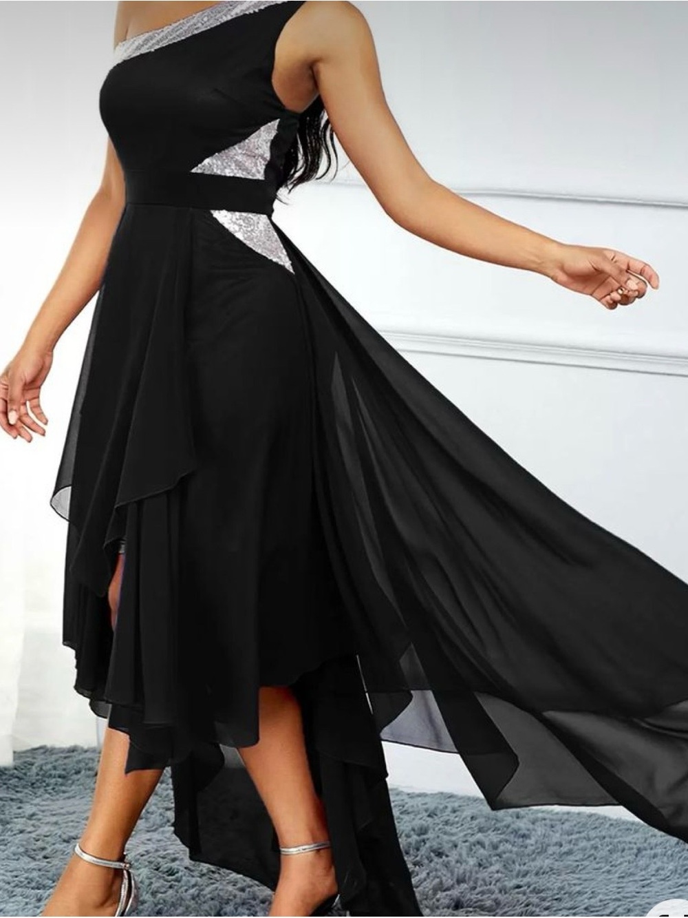 Black One-Shoulder Evening Dress with Silver Sequin Trim